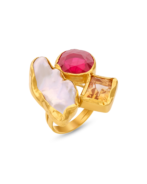 Pietre Collection 21K Gold & Citrine & Ruby & Pearl Terzine Ring - Nado's Jewellery