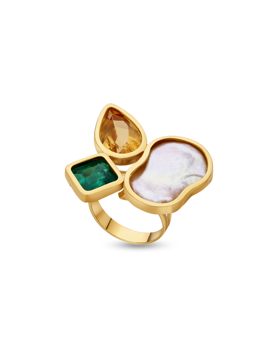 Pietre 21K Gold Pearls Citrine Emerald Ring - Nado's Jewellery
