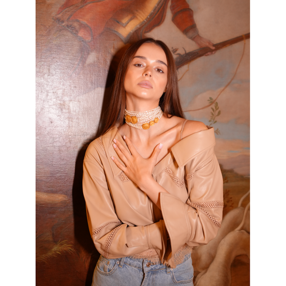 Perle Collection Multi-Strand Pearl & 21K Gold Buttons Choker - Nado's Jewellery