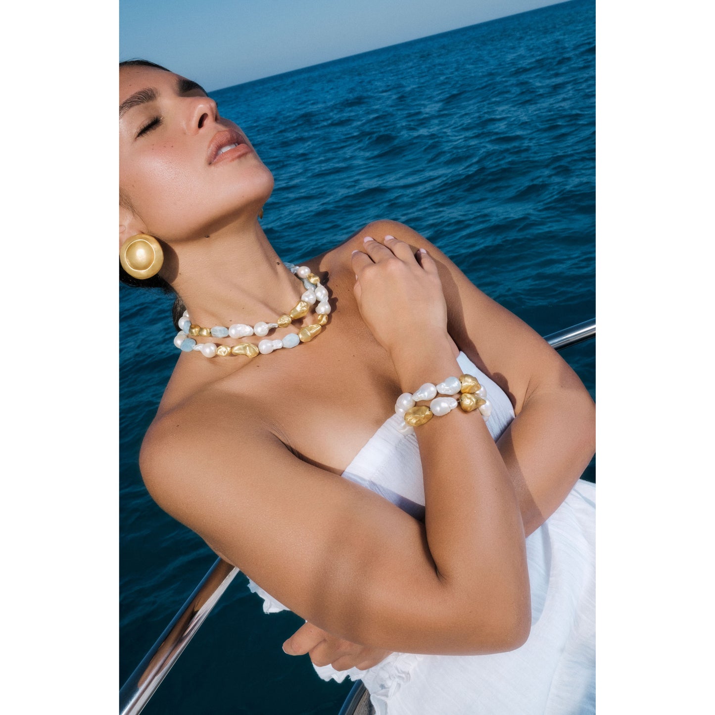 Perle Collection 21K Gold, Aquamarine & Pearl Two-Tier Collier - Nado's Jewellery