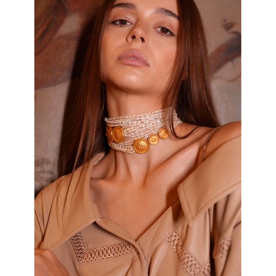 Perle Collection Multi-Strand Pearl & 21K Gold Media & Grande Buttons Choker - Nado's Jewellery