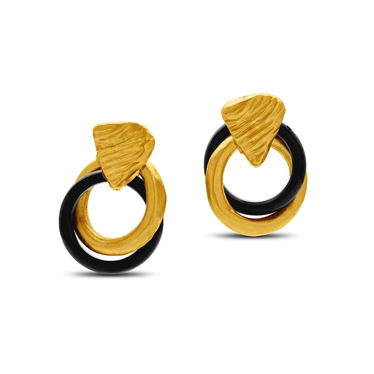 Pietre Collection 21K Gold & Black Onyx Ribbed Earrings - Nado's Jewellery