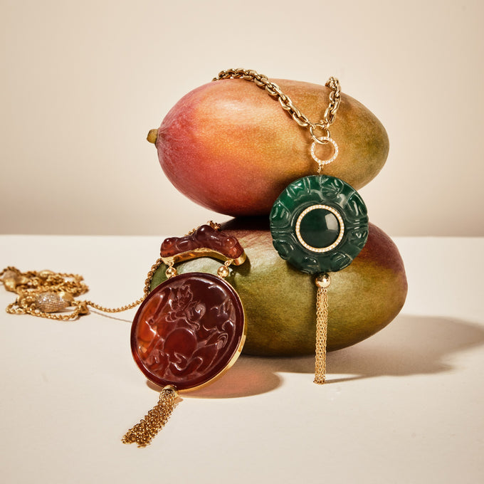  Diamanti Collection 18K Gold Diamonds & Two-Tier Red Agate Tassle Pendant - Nado's Jewellery