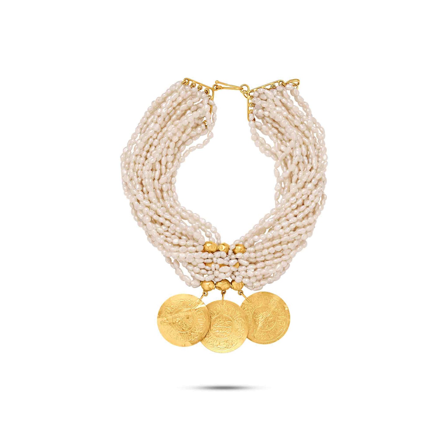 Perle Collection 21K Gold Multi-Strand Pearl & Gold Coins Choker - Nado's Jewellery