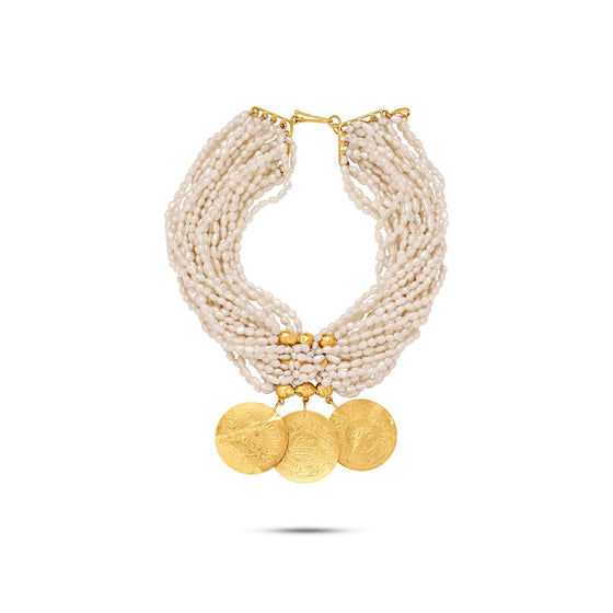 Perle Collection 21K Gold Multi-Strand Pearl & Gold Coins Choker - Nado's Jewellery