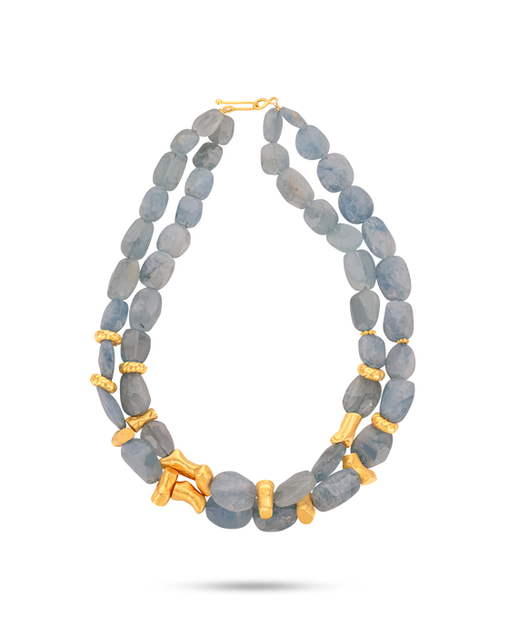 Pietre Collection 21K Gold Double-Layered Cylinder Shape Necklace With Aquamarine Stones - Nado's Jewellery