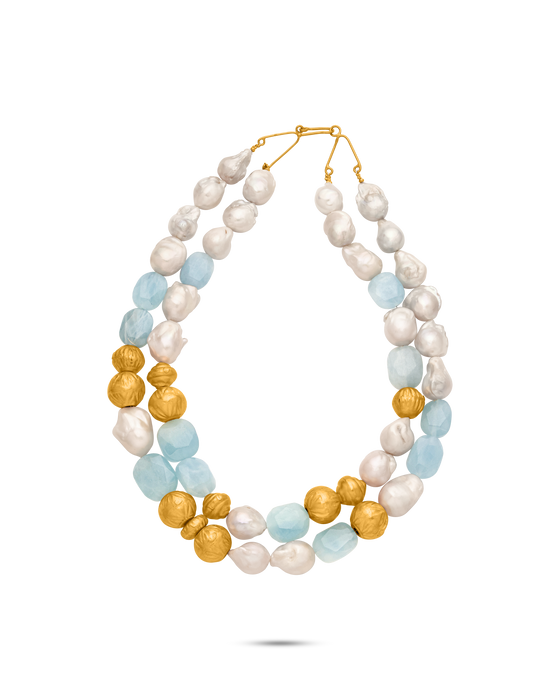 Perle Collection  
21K Due Gold Sea Pearl With Aquamarine Necklace - Nado's Jewellery