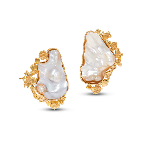 Perle Collection 21K Gold Oyster Shell Inspired Pearl Earrings - Nado's Jewellery